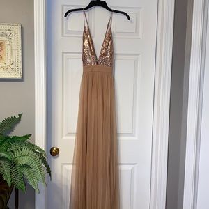 Nude Sequin Top Long Dress with two high leg slits